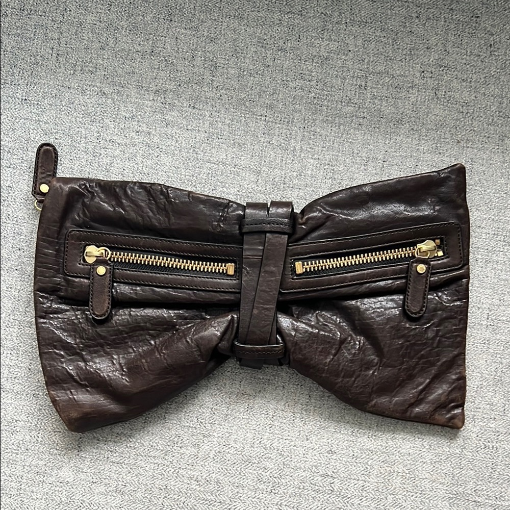 Brown Leather Clutch Maxazria BCBG with Gold Accents